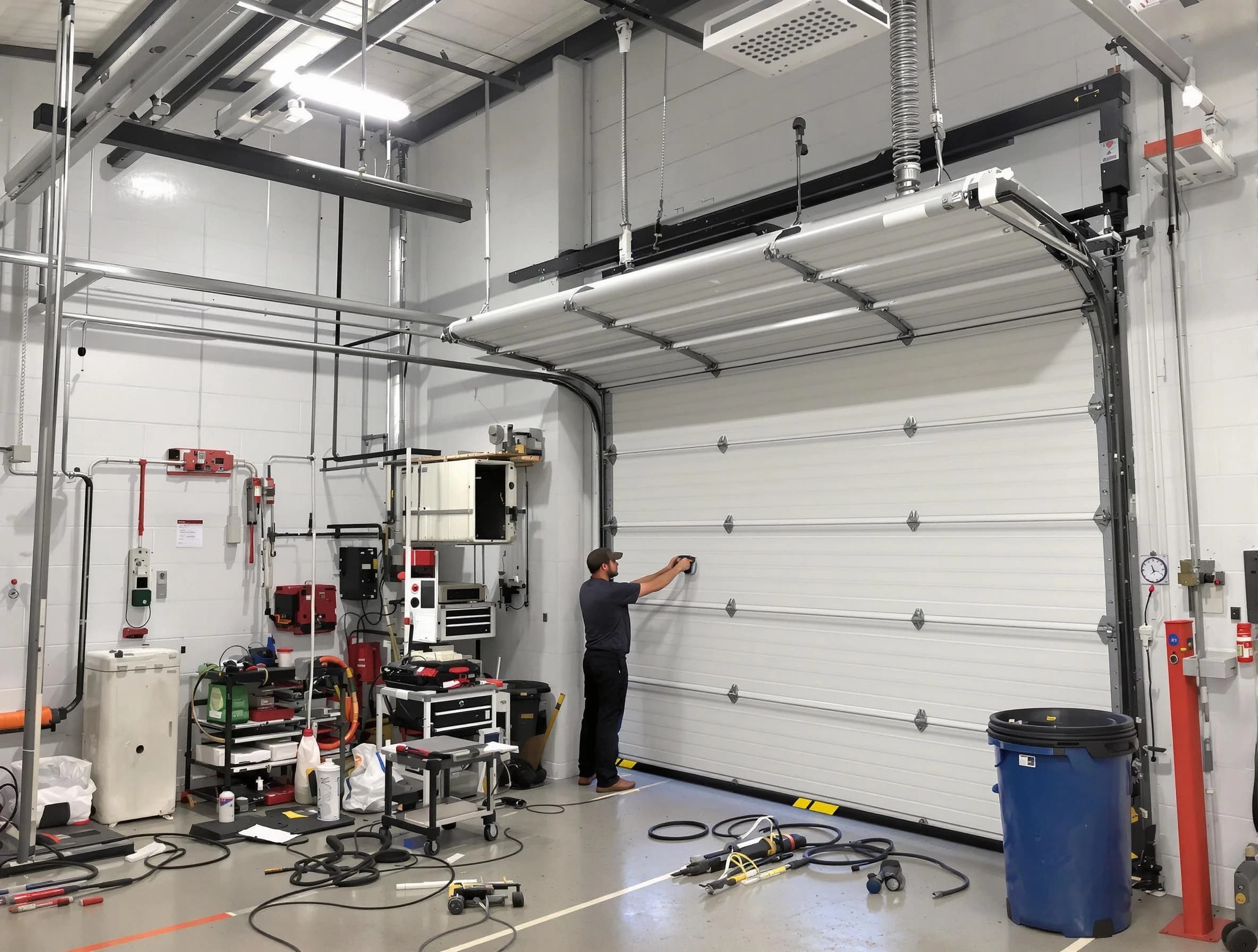 Quincy Garage Door Repair certified technician performing commercial door repair at a Quincy business facility