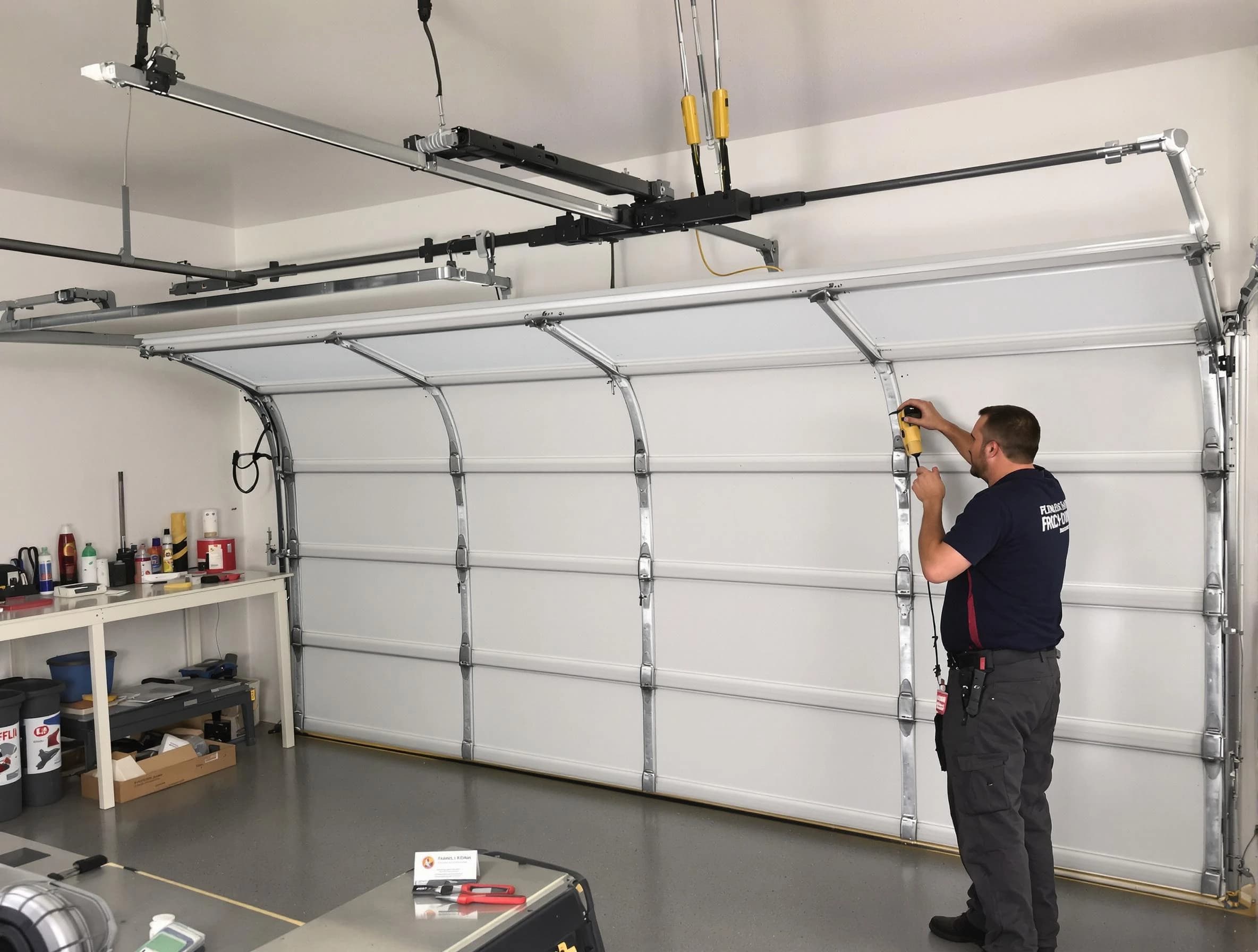 Quincy Garage Door Repair certified technician performing overhead door system repair in Quincy