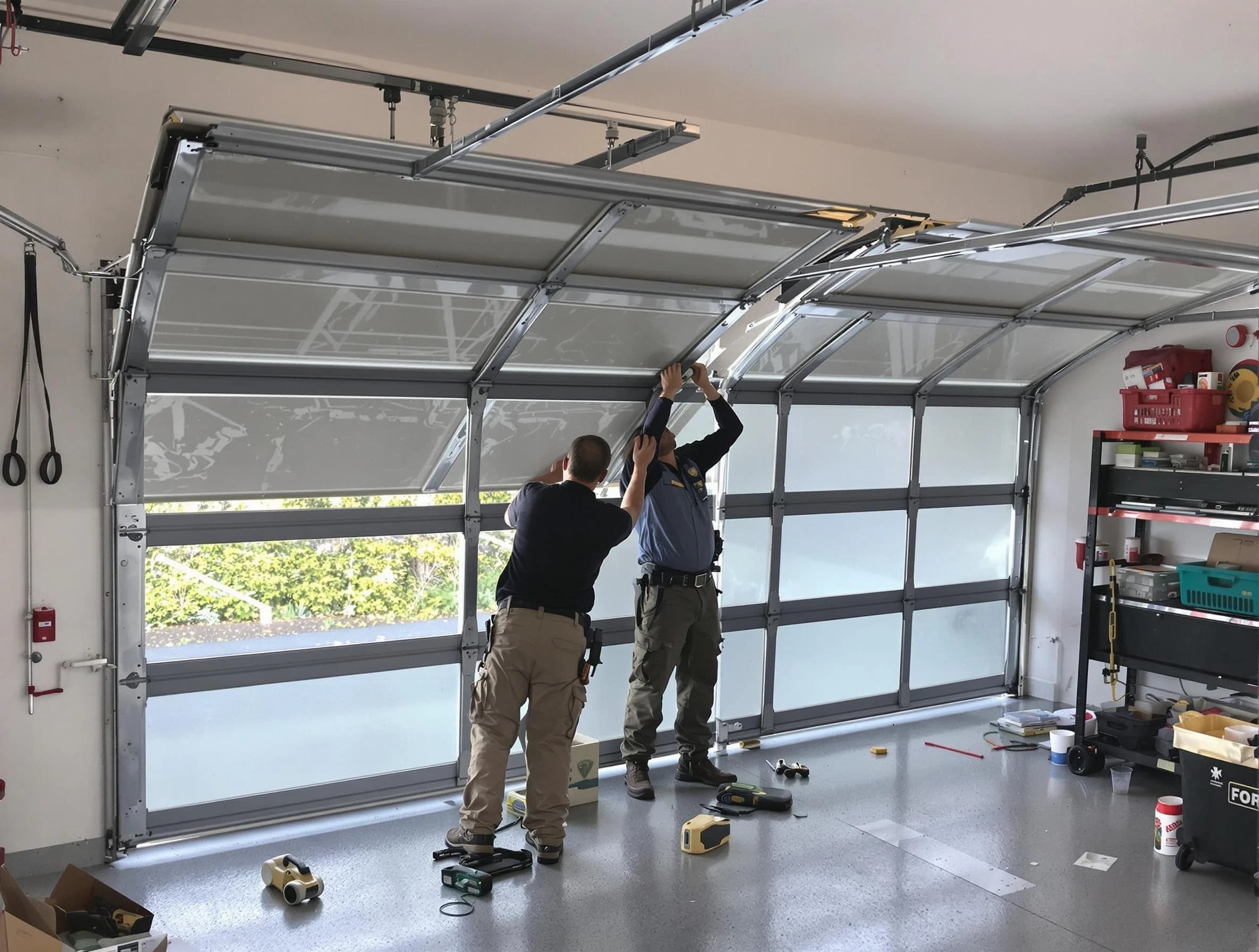 Quincy Garage Door Repair expert performing precise panel replacement on Quincy garage door