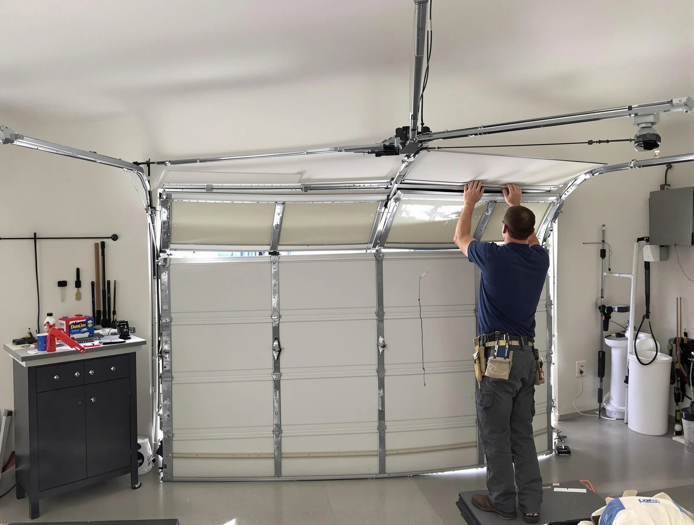 Quincy Garage Door Repair specialist performing precise section replacement on Quincy garage door