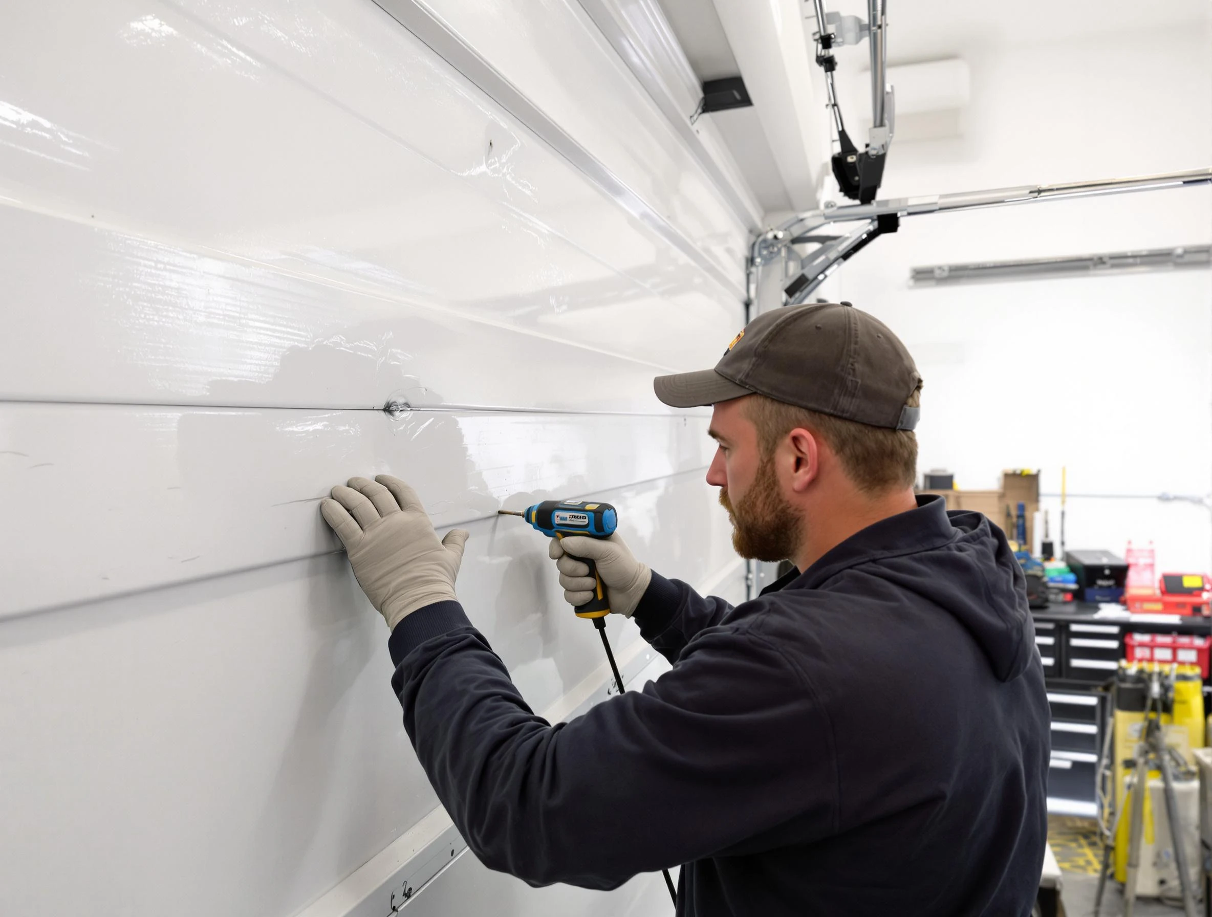 Quincy Garage Door Repair technician demonstrating precision dent removal techniques on a Quincy garage door