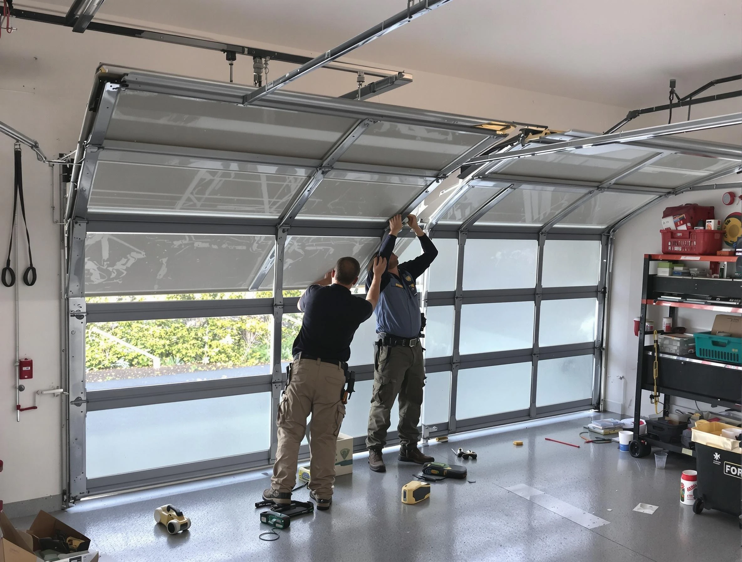 Quincy Garage Door Repair expert performing precise panel replacement on Quincy garage door