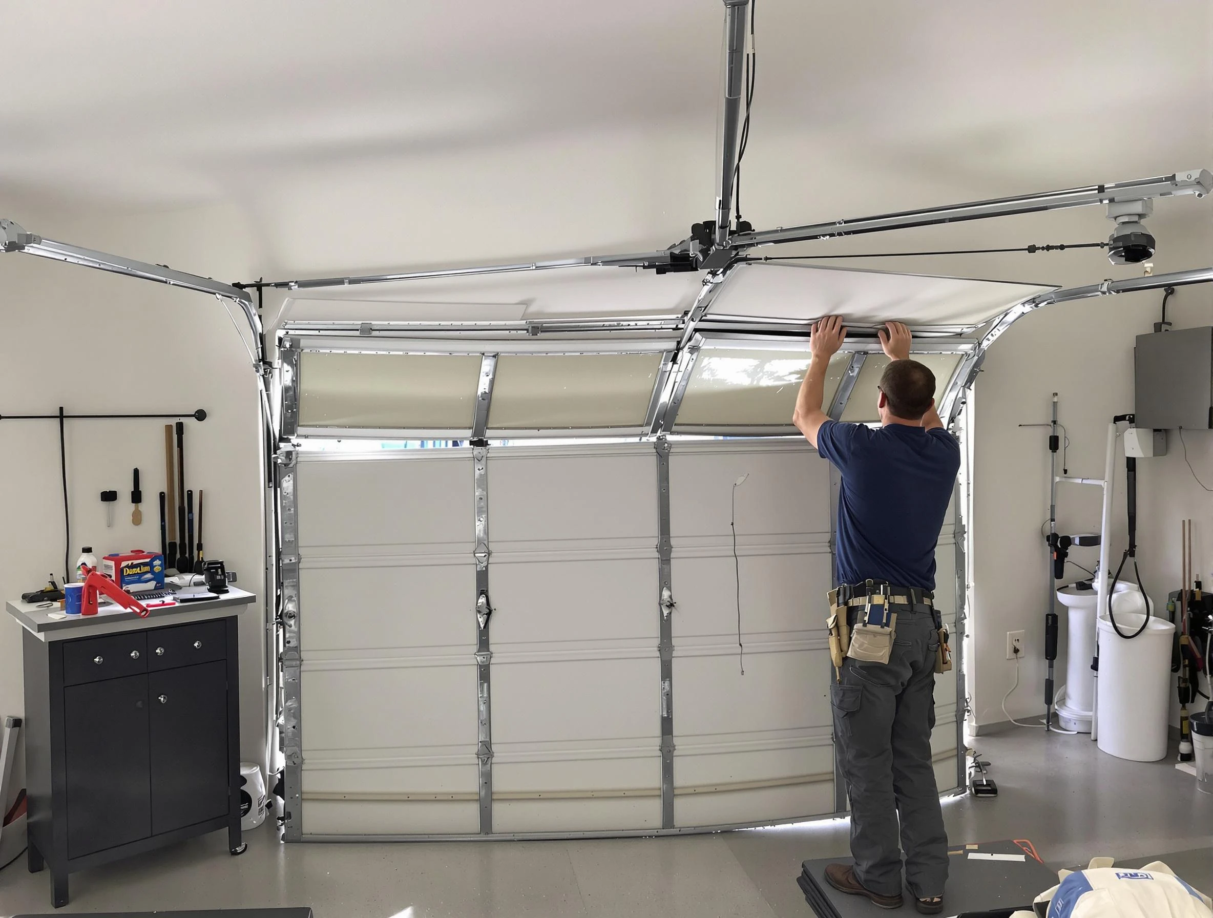 Quincy Garage Door Repair specialist performing precise section replacement on Quincy garage door