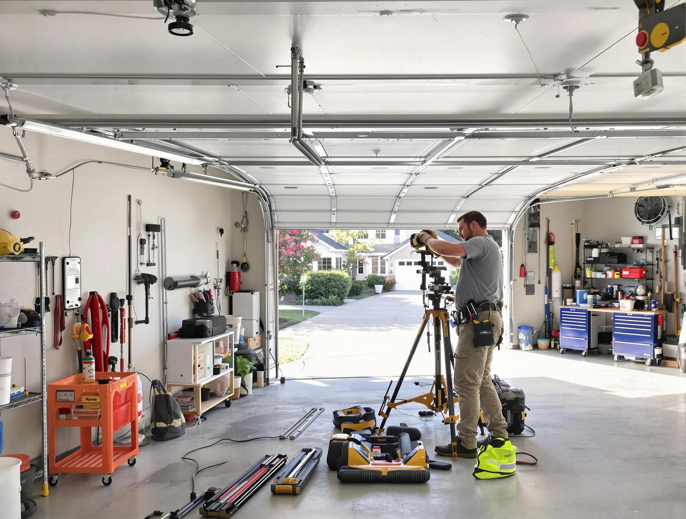 Quincy Garage Door Repair specialist performing laser-guided track alignment in Quincy